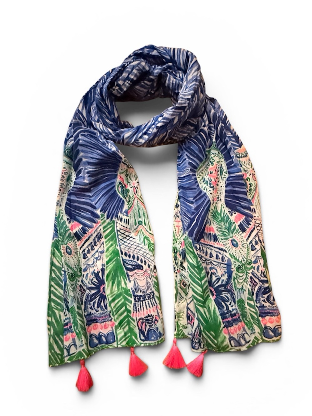 Lilly Pulitzer Navy, Green & Pink Tassel Botanical Scarf / Half Sarong NWOT